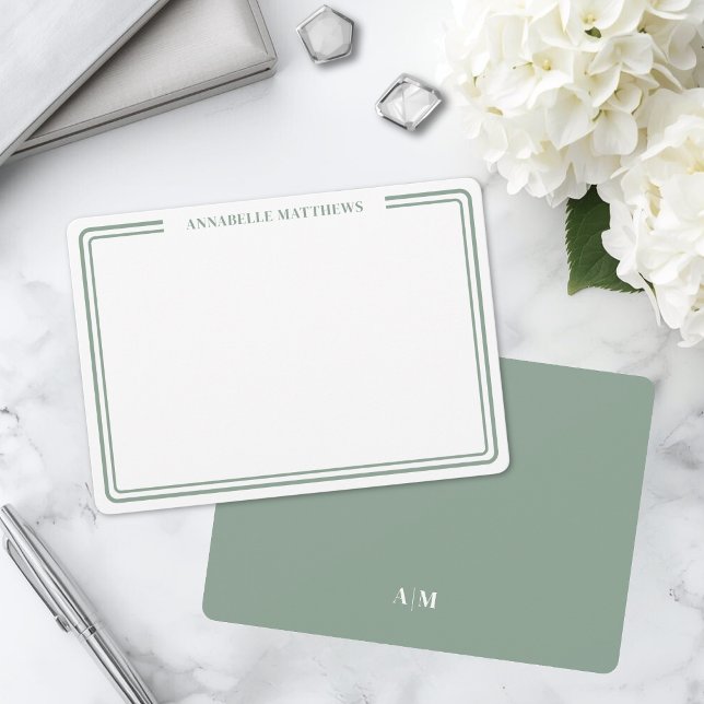 Elegant Green Two Border Minimalist Name Monogram Note Card (Elegant Green Two Border Minimalist Name Monogram Note Card)