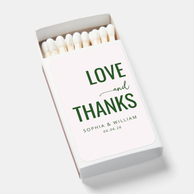 Elegant Green Typographic Love Thanks Matchboxes (Front Open)