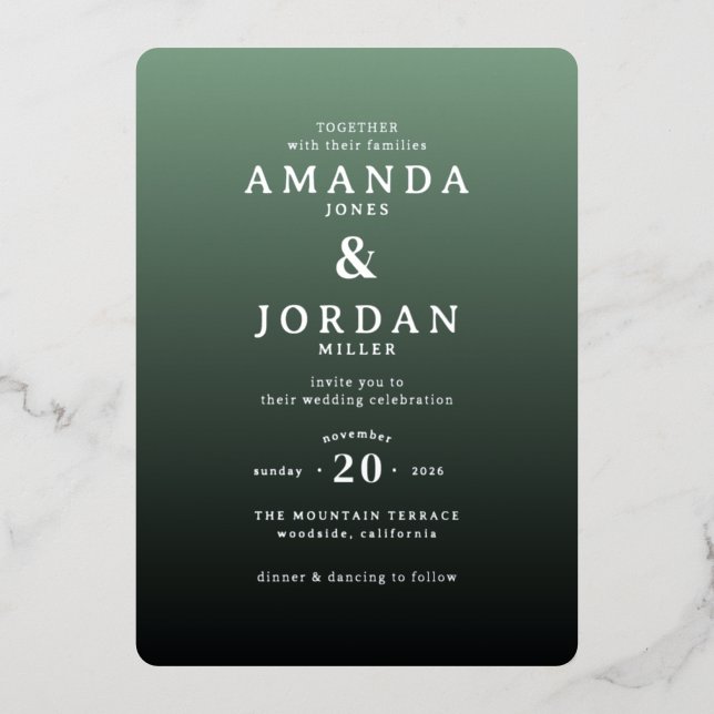 Elegant Green Typographic Wedding Invitation Foil Invitation (Front)