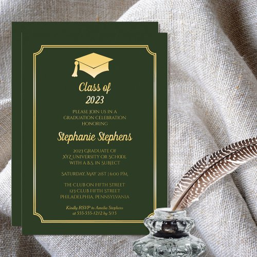 Elegant Green University Graduation Party Gold  Foil Invitation