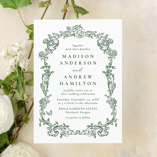 Elegant Green Victorian Floral Frame Wedding Invitation (Creator Uploaded)
