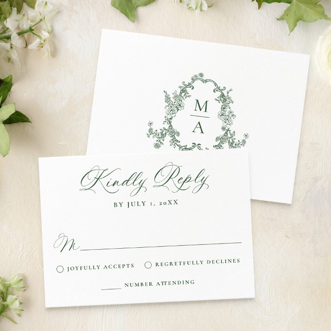 Elegant Green Victorian Floral Wedding RSVP Card (Creator Uploaded)