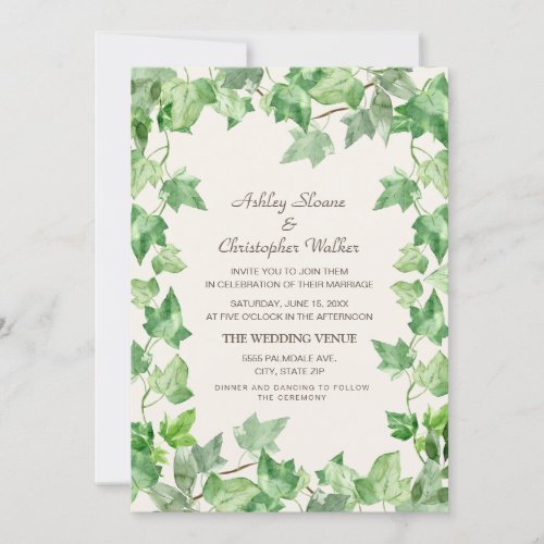 Elegant Green Vining Leaves Ivy Cream Wedding Invitation