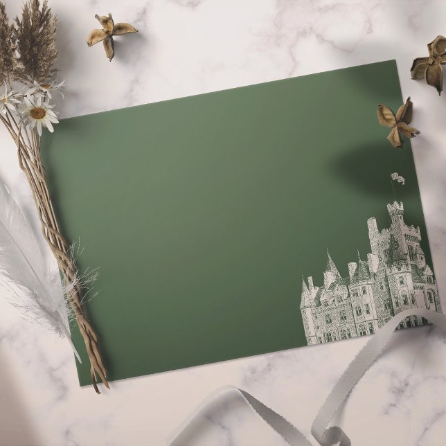 Elegant Green Vintage Castle Illustration Wedding  Envelope (Sage green envelope with white illustration of castle on right hand corner)