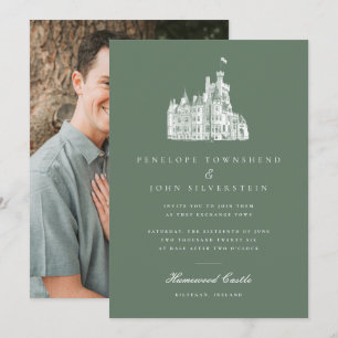 Elegant Green Vintage Castle Photo Wedding Invitation