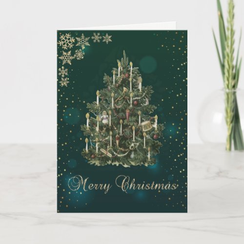 Elegant GreenVintage Christmas TreeSnowflakes  Holiday Card