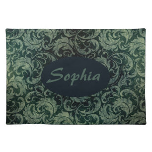 Elegant green vintage damask floral pattern cloth placemat