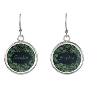 Elegant green vintage damask floral pattern earrings