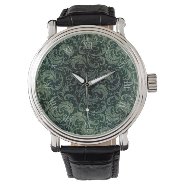 Elegant green vintage damask floral pattern watch (Front)
