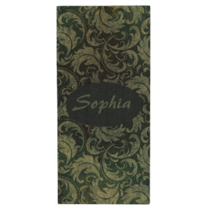 Elegant green vintage damask floral pattern wood flash drive