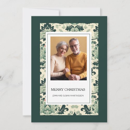 Elegant Green Vintage Floral Photo Merry Christmas Holiday Card