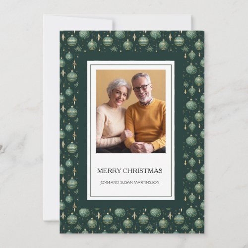 Elegant Green Vintage Ornaments Photo Christmas Holiday Card