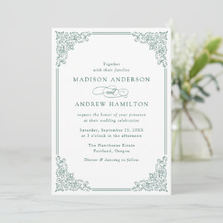 Elegant Green Vintage Ornate Frame Wedding Invitation