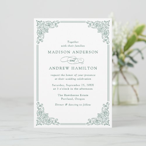Elegant Green Vintage Ornate Frame Wedding Invitation