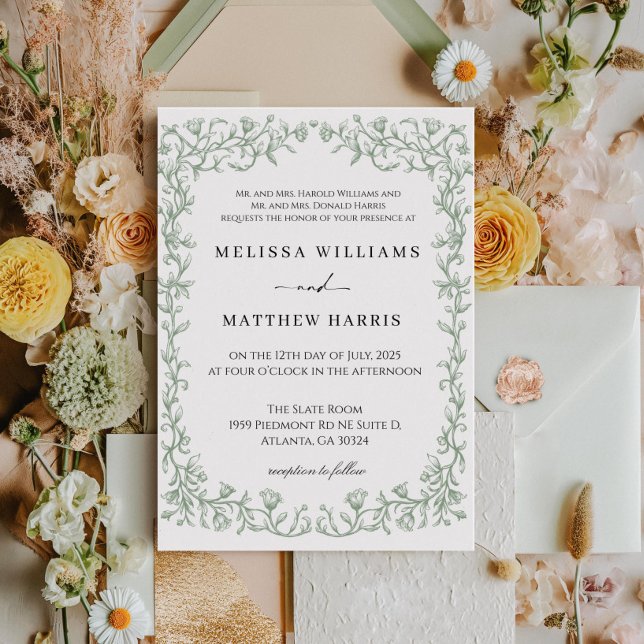 Elegant Green Vintage QR code Wedding Invitation (Creator Uploaded)