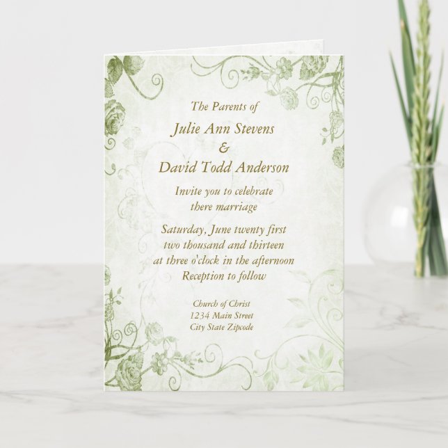 Elegant Green Vintage Wedding Invitation (Front)