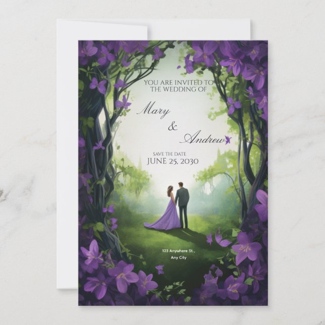 Elegant Green & Violet Wedding Invitation (Front)