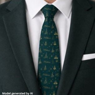 Elegant Green W/ Gold Christmas Tree Doodles Neck Tie