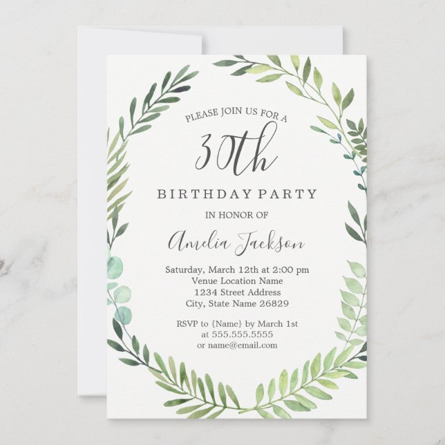 Elegant Green Watercolor 30th Birthday Invitation (Front)