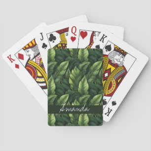 Elegant Green Watercolor Banana Leaf with Name Poker Cards