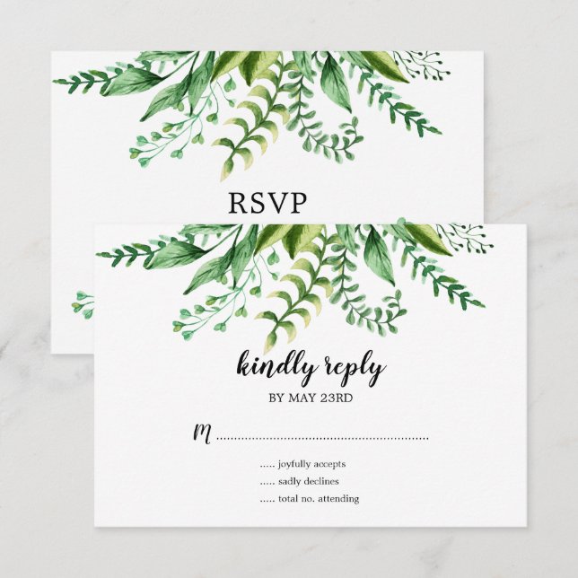 Elegant Green Watercolor Botanical Wedding RSVP Invitation (Front/Back)