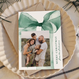 Elegant Green Watercolor Bow 3 Photo Holiday Card