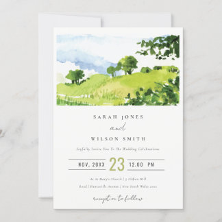 Elegant Green Watercolor Countryside Hills Wedding Invitation