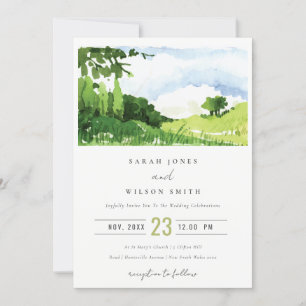 Elegant Green Watercolor Countryside Hills Wedding Invitation