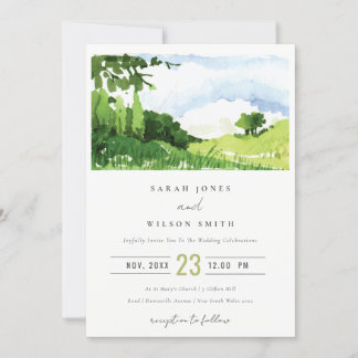 Elegant Green Watercolor Countryside Hills Wedding Invitation