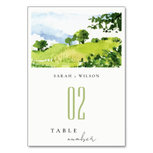 Elegant Green Watercolor Countryside Hills Wedding Table Number