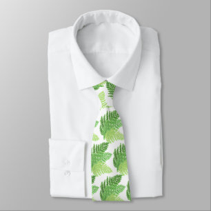 Elegant green watercolor ferns woodland leaves neck tie