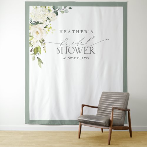 Elegant Green Watercolor Floral Shower Photo Booth Tapestry