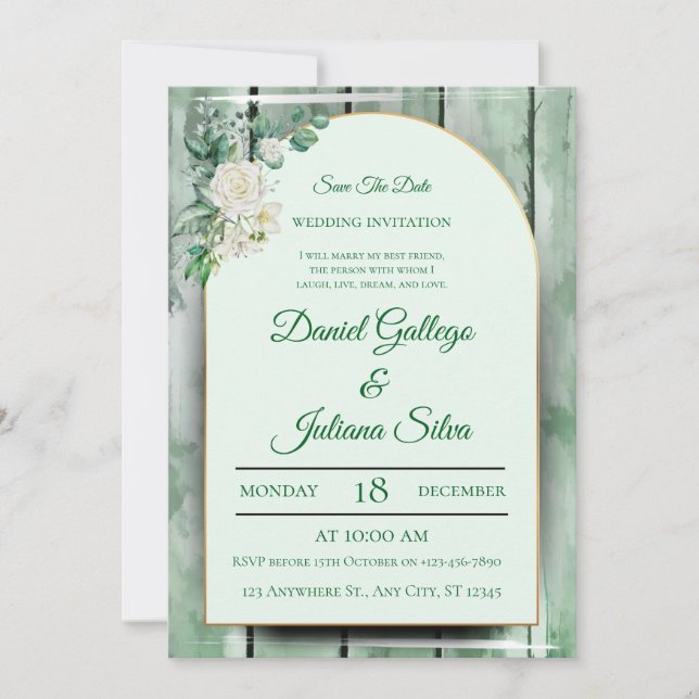 Elegant Green Watercolor Floral Wedding Invitation (Front)