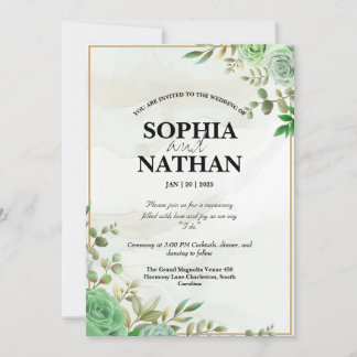 Elegant Green Watercolor Floral Wedding Invitation