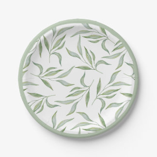Elegant Green Watercolor Leaves Botanical Pattern Paper Plates