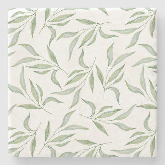Elegant Green Watercolor Leaves Botanical Pattern Stone Coaster
