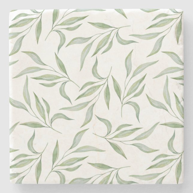 Elegant Green Watercolor Leaves Botanical Pattern Stone Coaster (Front)