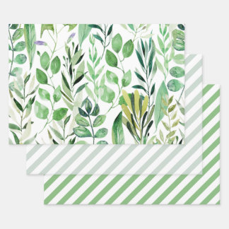 Elegant Green Watercolor Leaves Diagonal Stripes Wrapping Paper Sheets