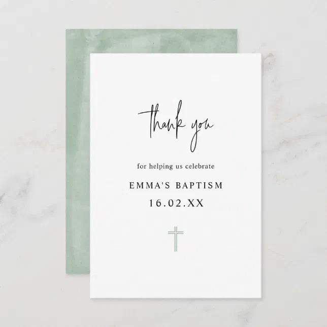 Elegant Green Watercolor Minimalist Photo Baptism Thank You Card | Zazzle