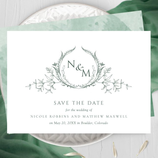 Elegant Green Watercolor Monogram Save The Date (Creator Uploaded)