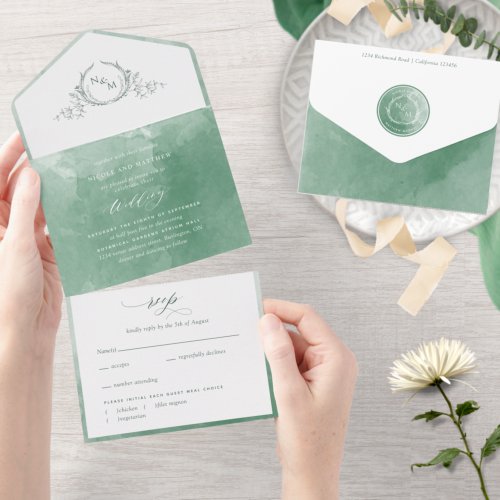 Elegant Green Watercolor Monogram Wedding All In O All In One Invitation