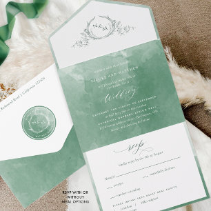 Elegant Green Watercolor Monogram Wedding All In O All In One Invitation