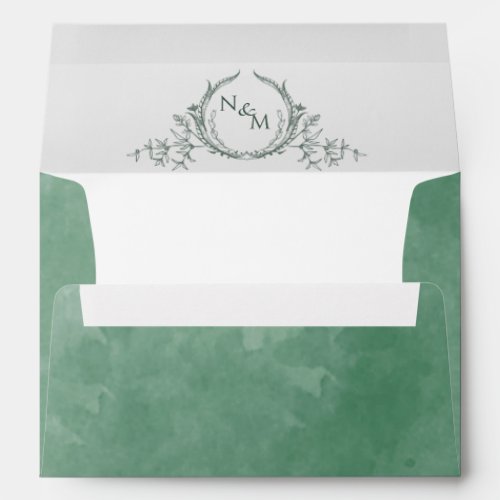 Elegant Green Watercolor Monogram Wedding Envelope