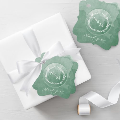 Elegant Green Watercolor Monogram Wedding Favor Tags