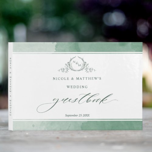 Elegant Green Watercolor Monogram Wedding Guest Book