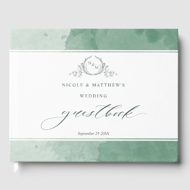 Elegant Green Watercolor Monogram Wedding Guest Book (Front)