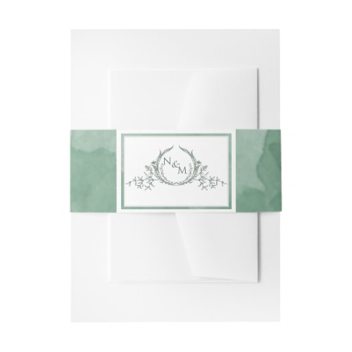 Elegant Green Watercolor Monogram Wedding Invitation Belly Band