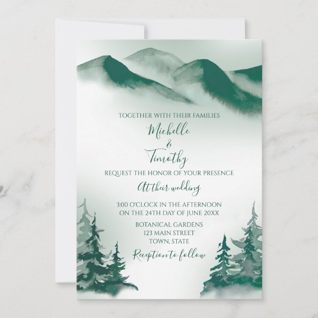 Elegant Green Watercolor Mountain Forest Rustic Announcement (Front)