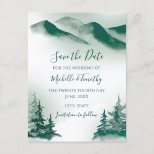 Elegant Green Watercolor Mountain Forest Rustic Announcement Postcard