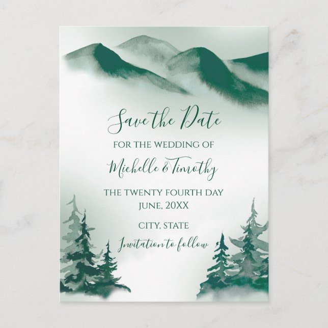 Elegant Green Watercolor Mountain Forest Rustic Announcement Postcard (Front)
